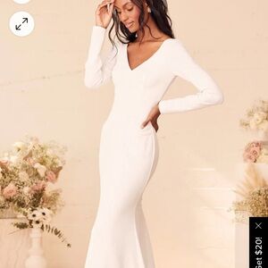 Lulu's White Long Sleeve V-Neck Wedding Dress